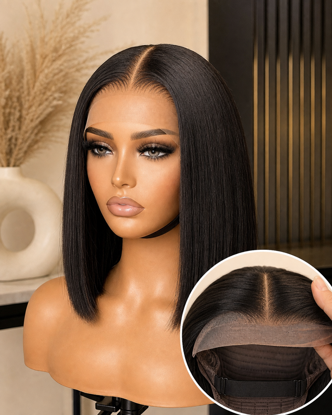 Low tier 12 inch straight bob wig campaign visual
